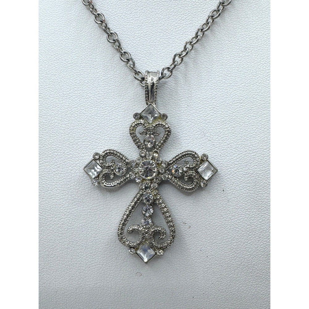Silver Tone Filigree Rhinestone Cross Pendant Necklace Gothic Statement Jewelry